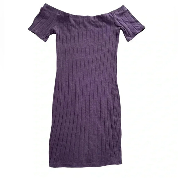 Off the Shoulder Short Sleeve Purple Mini Bodycon Dress, Size Small - Picture 2 of 5